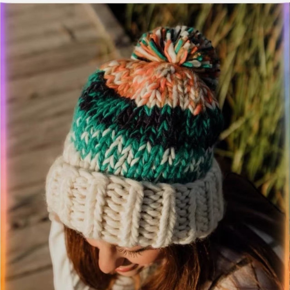 NWT Free People Women's Black Tide Stripe Knit Pom Beanie Color: Green